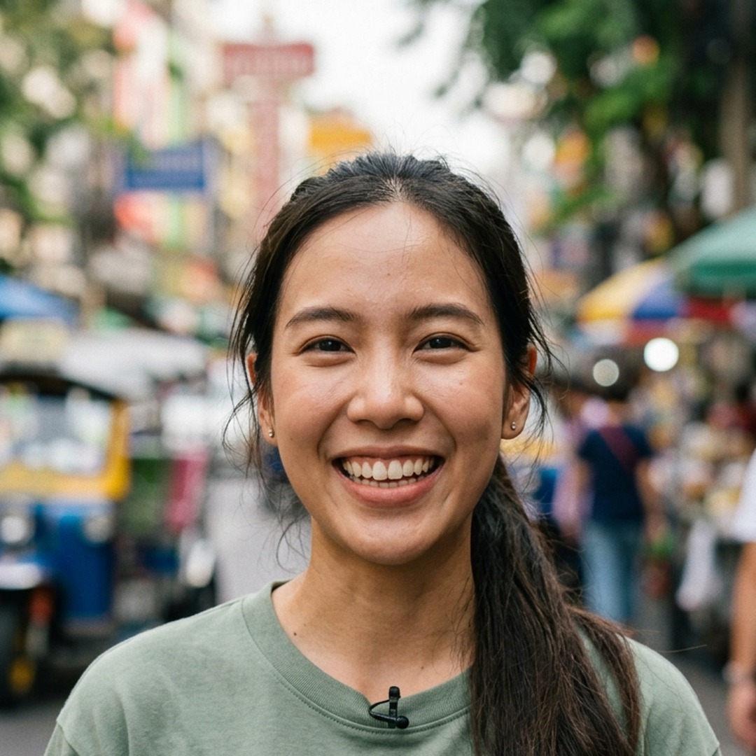 AI-generated image of Ploy, the AI host of Bangkok with Ploy, smiling on a busy Bangkok street